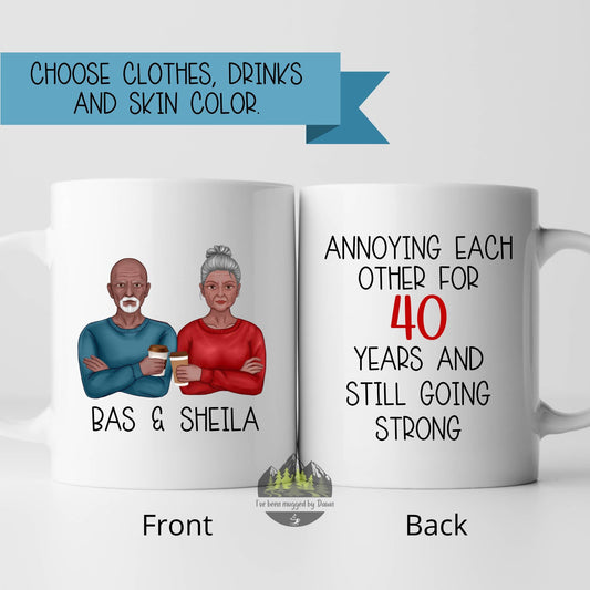 Anniversary couples mug custom hair clothes skin color 40 years and going strong long marriage